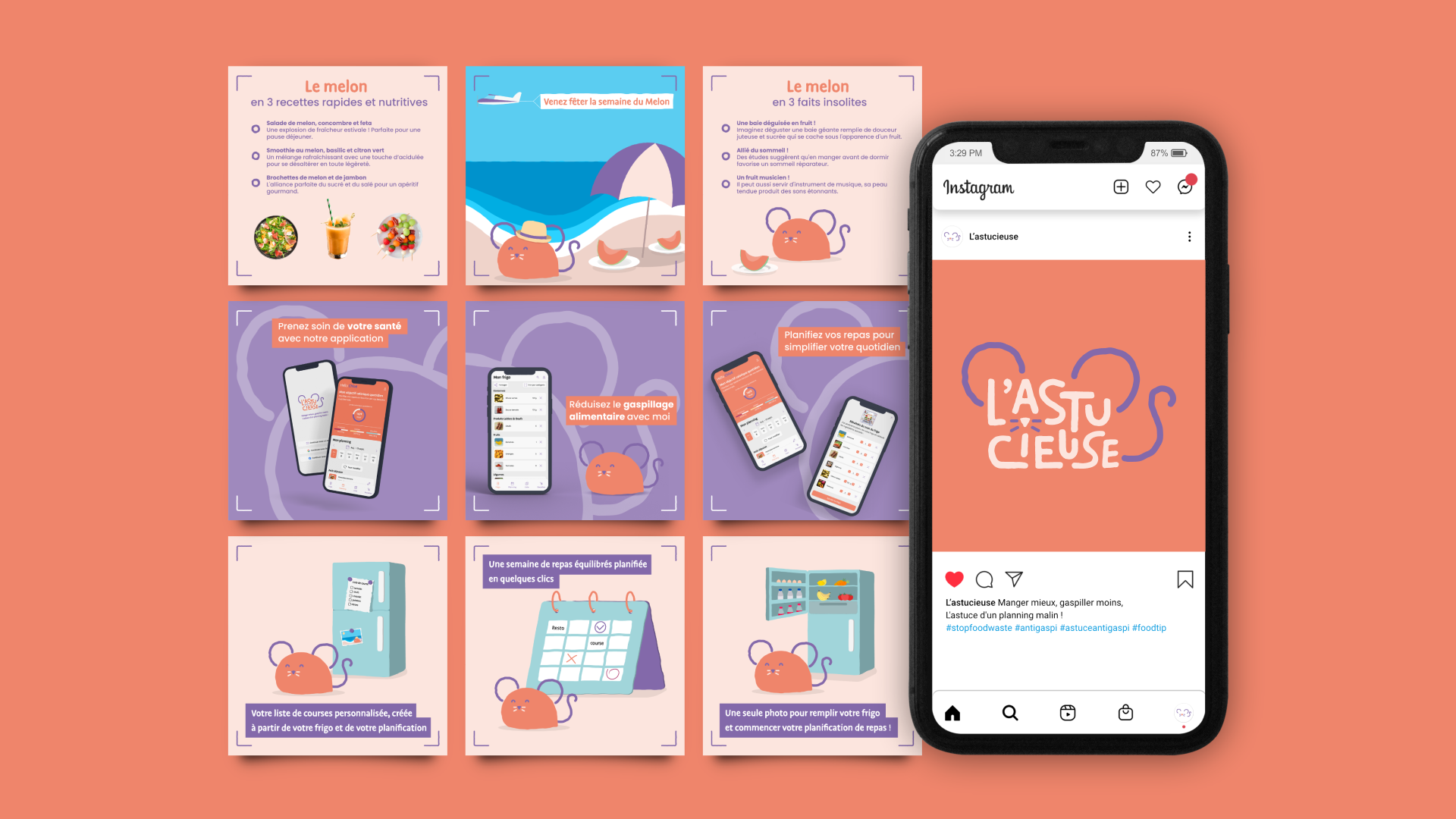 Feed Instagram de L'Astucieuse : semaine thématique sur un aliment, promotions sur l'application et illustrations de la mascotte pour une planification facile des repas.