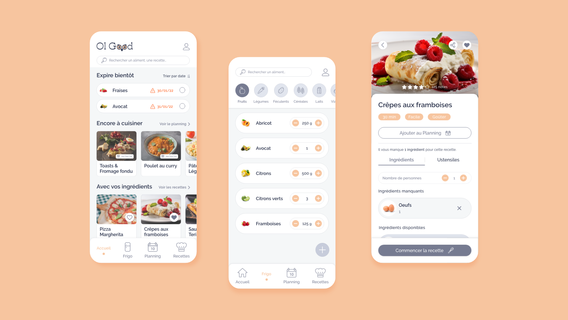 Écrans de l'application mobile Ol Good, incluant l'accueil, le frigo, et une recette, illustrant l'interface et les fonctionnalités de l'application.