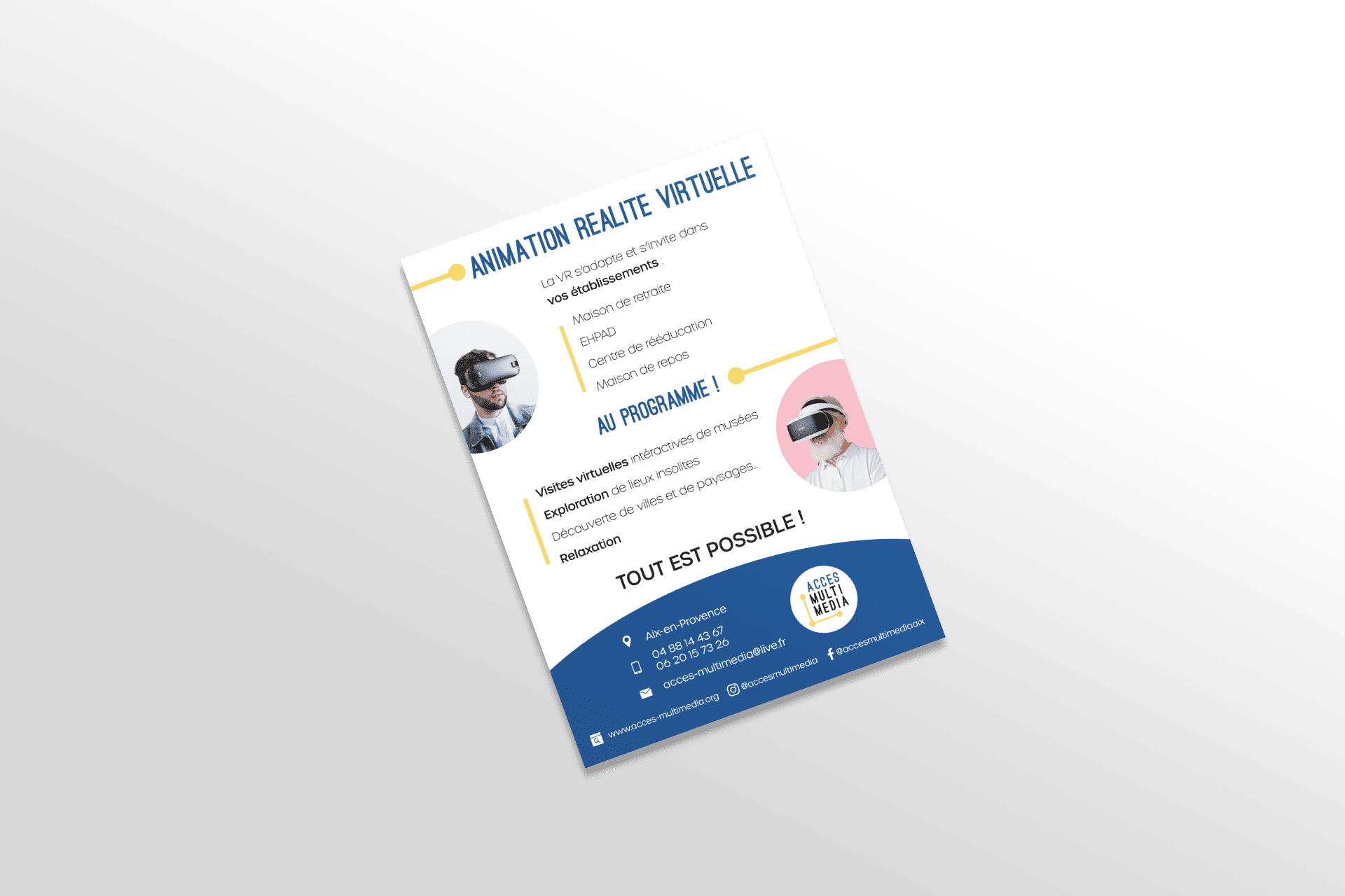 Flyer présentant les services d'animation en réalité virtuelle proposés par l'association Accès Multimédia, destiné à être distribué aux établissements comme les maisons de retraite, EHPAD, centres de rééducation, et maisons de repos.