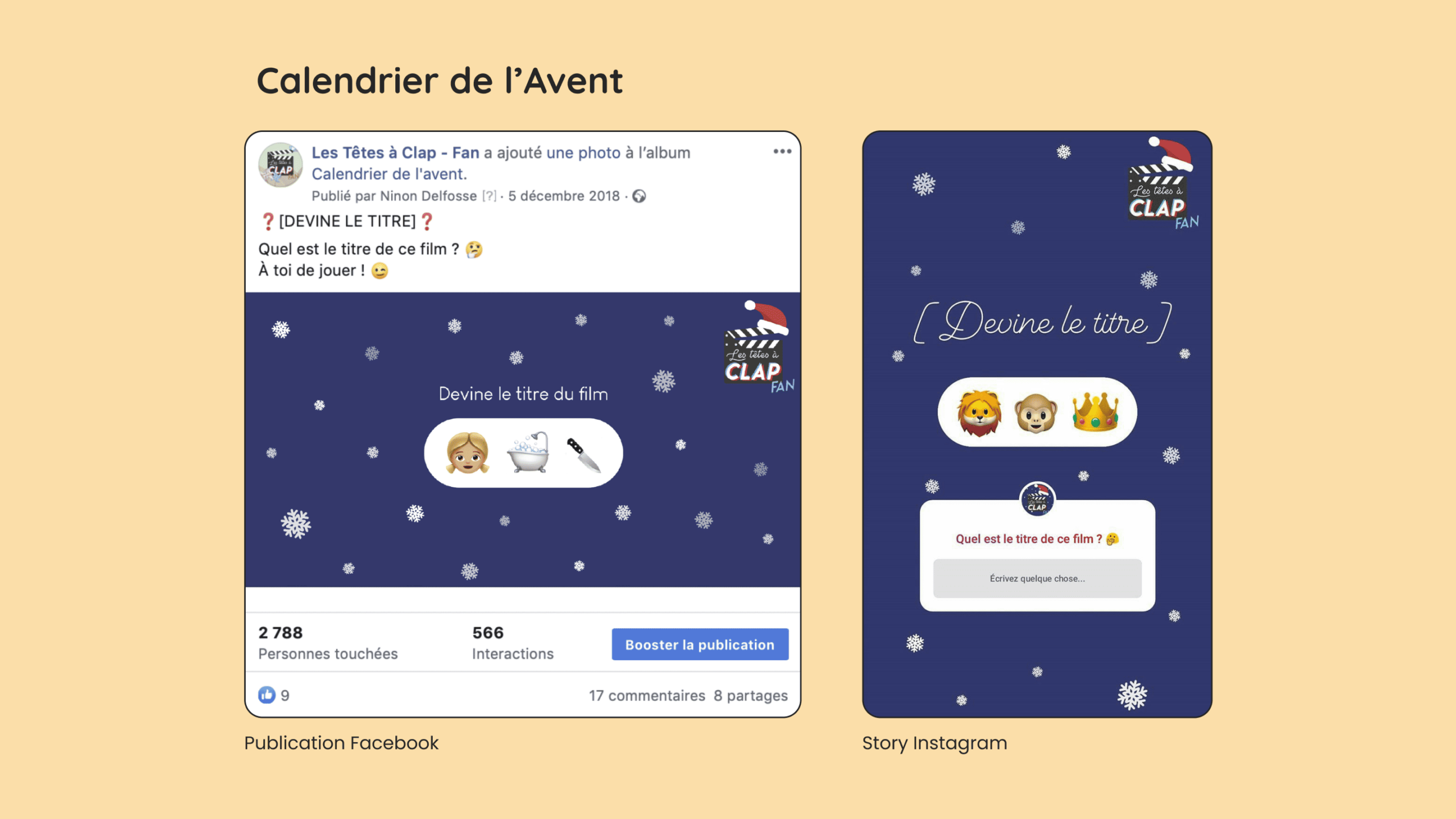 Communication digitale cinéma : publication Facebook et story Instagram pour le calendrier de l'Avent de Les Têtes à Clap, avec un jeu pour deviner le titre d'un film à partir d'emojis.