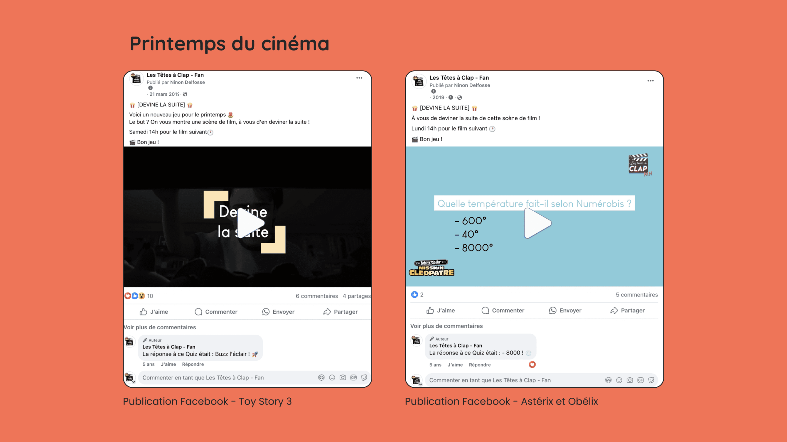 Communication digitale cinéma : Publications Facebook pour le printemps du cinéma, avec un jeu pour deviner la suite d'une scène de film (Toy Story 3) et un autre sur la température selon Numérobis (Astérix et Obélix).