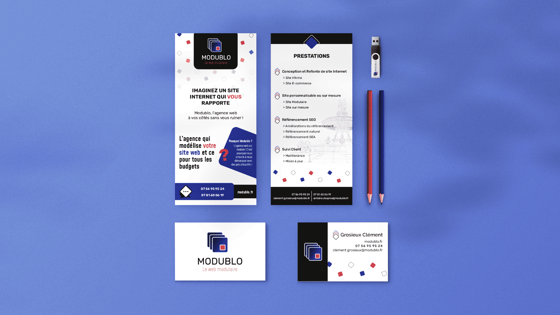 Mockup de l'identité visuelle complète de l'agence web Modublo, incluant le design du logo, des cartes de visite et un flyer.
