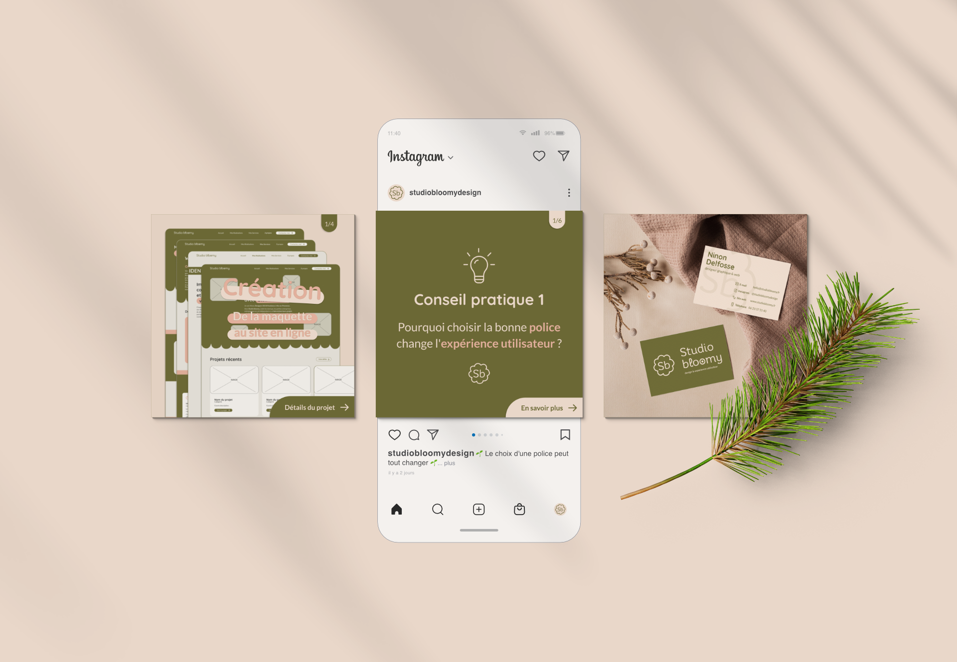 Mockup de 3 publications Instagram : sur la création de mon site, de la maquette au site en ligne, mon premier conseil pratique sur la typographie et l'UX design, et un troisième avec la carte de visite de Studio bloomy.
